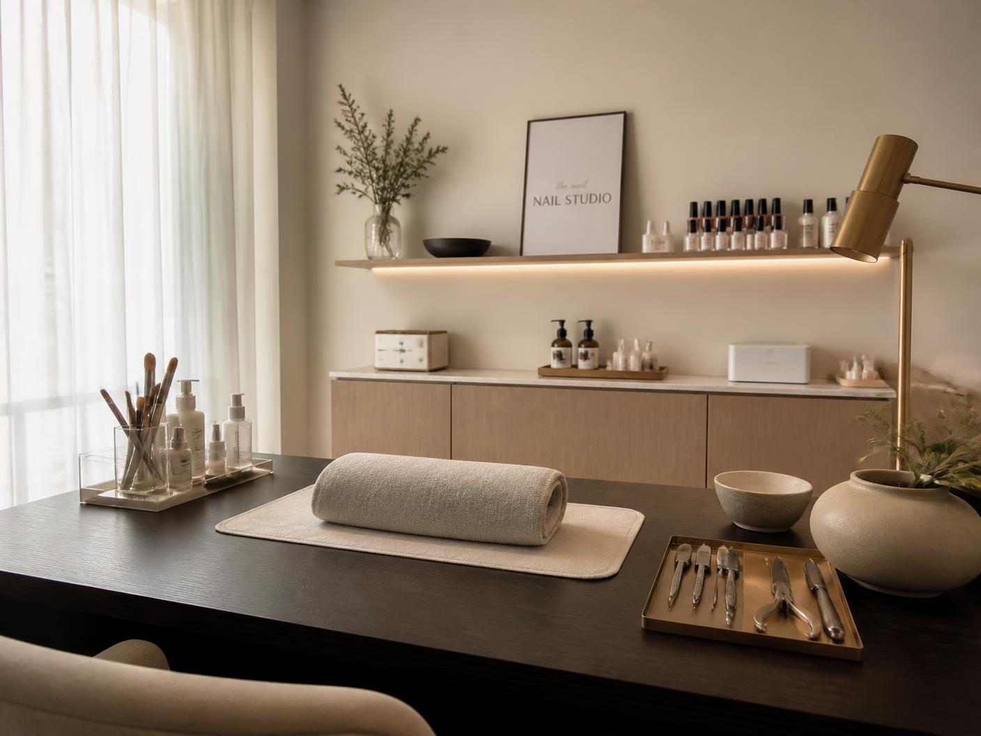 A minimal luxury nail studio with an espresso work table and professional tools arranged on a brass tray
